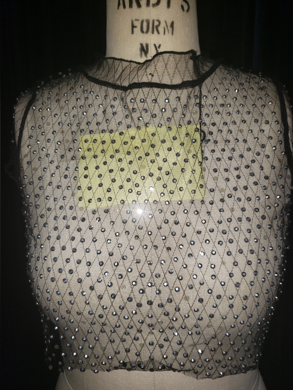 NWOT Black Crop Mesh Sheer 100% Nylon Crystal Mid Drift Sparkle Tee M